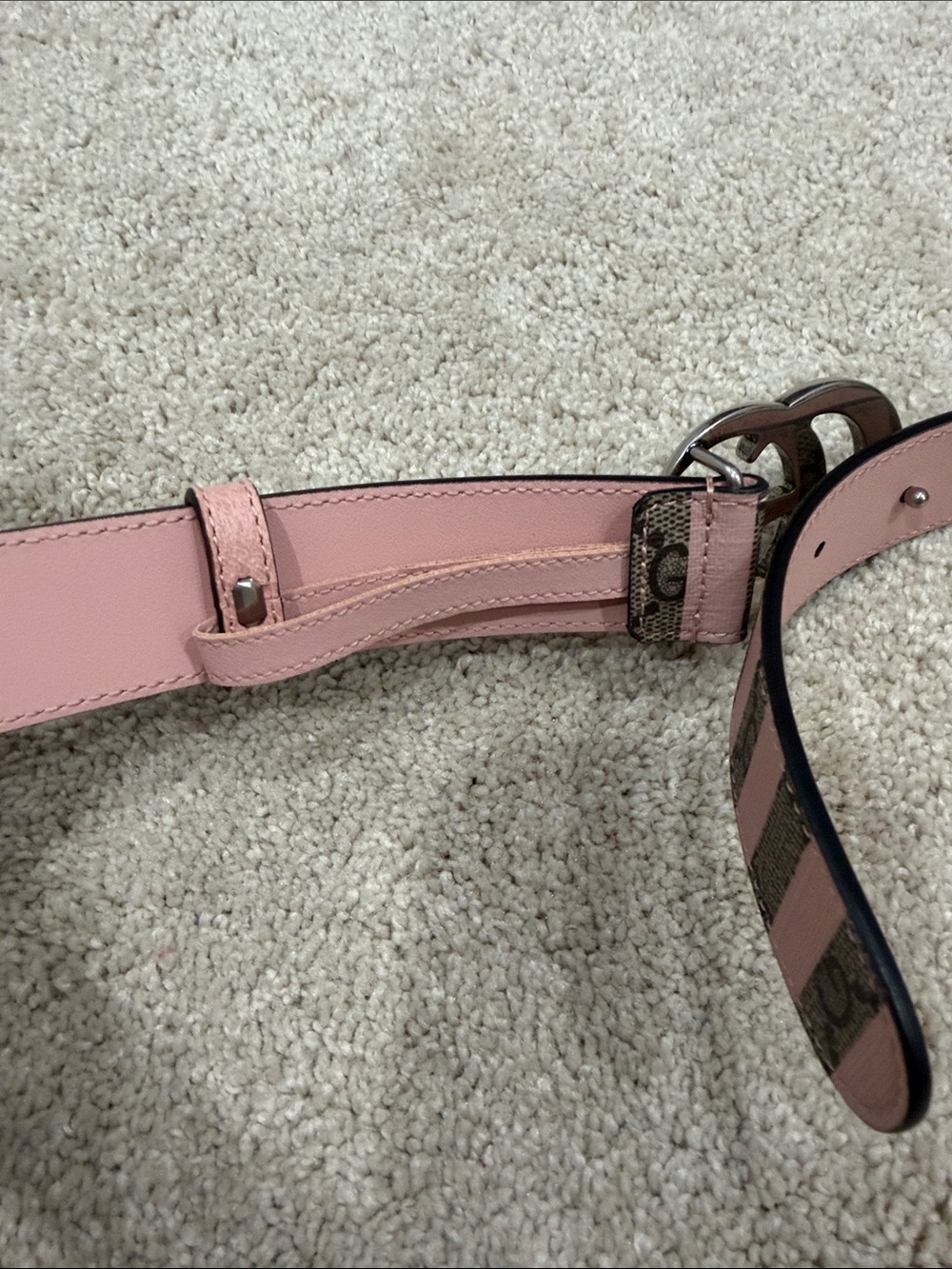 Gucci Pink GG Supreme Stripe Belt with Silver Double G Buckle - Picture 6 of 8